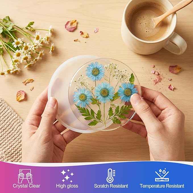 KISREL Epoxy Resin Kit for Beginners, 12OZ Resin Kit with Silicone Coaster Molds, Complete Accessories Include Mica Powders, Dried Flowers, Measuring Cups and Other Resin Supplies for DIY