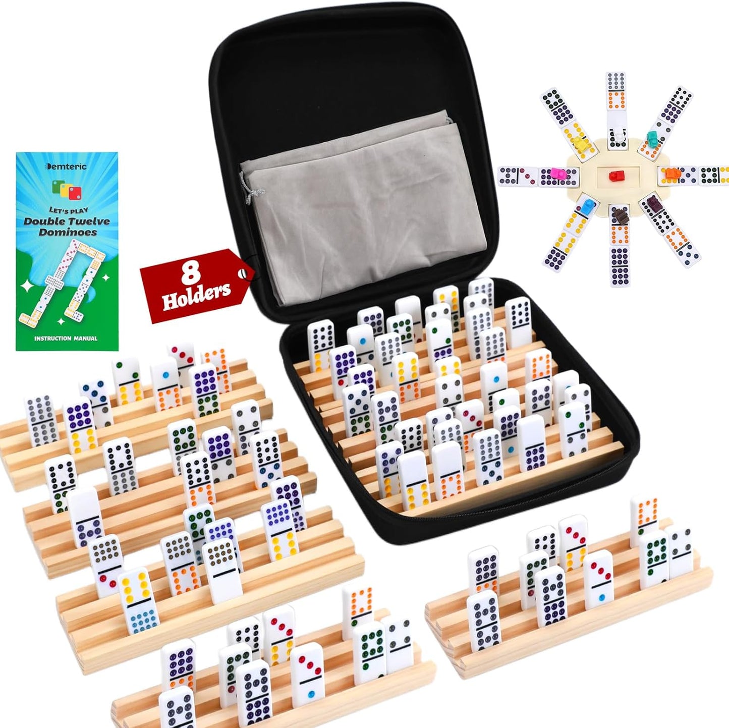 Mexican Train Dominoes Set Double 12 Colored Dot Dominos with 8 Wooden Racks & 91 Tiles Portable Travel Case Classic Family Board Game Cognitive Strategy Game for Adults Kids