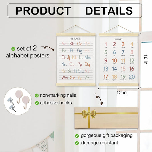 BONETAT Numbers alphabet poster for Nursery Toddlers, Play Room Wall Decor, ABC Wall Chart, Wall Hanging Decor for Toddler Playroom Decor Kids Wall Decor, Wooden Alphabet Banner-A02