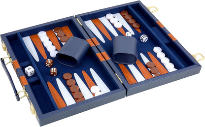Backgammon Set 2 Players Classic Backgammon Sets for Adults Board Game with PU Leather Case Portable and Travel Backgammon Set (Navy, 15inch)