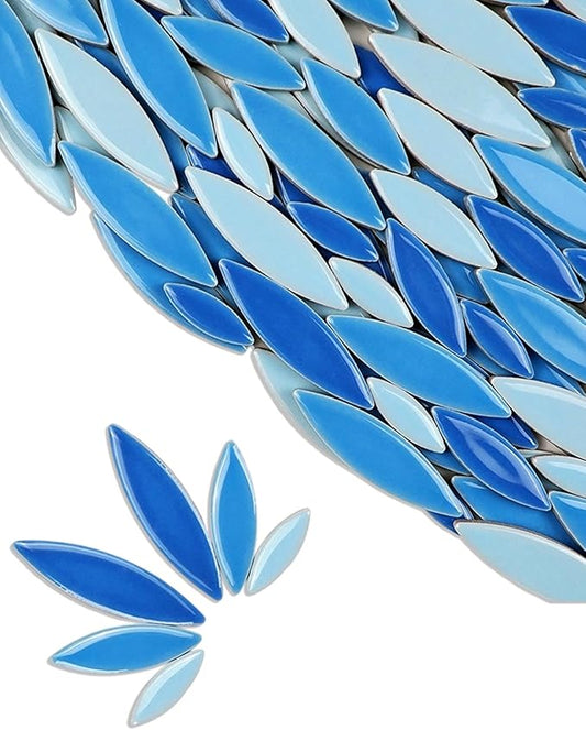 200g Ceramic Petals Bulk Mosaic Tiles for Craft, Small Oval Stepping Stone Kit, Glazed Porcelain Pieces for Coaster Tray House Number Mirror Lamp Home Decorations (Mixed Blue)