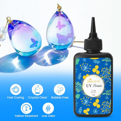 Bsrezn 200g UV Resin Kit with Upgraded Light 18 Beads, Crystal Clear Solar Activated UV Epoxy Resin for Jewelry Making (100g x 2)