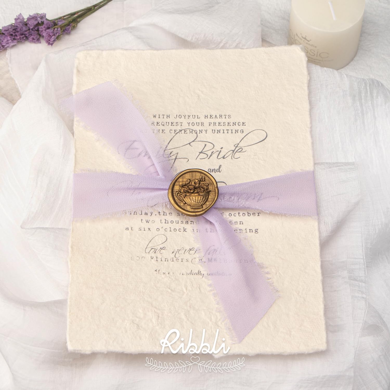 Ribbli Lavender Chiffon Silk Ribbon, 1-1/2 inch x 20 Yard, Handmade Fringe, Light Purple for Wedding Invitations, Bridal Bouquets, Flower Arrangement Decoration - Crafty Corner