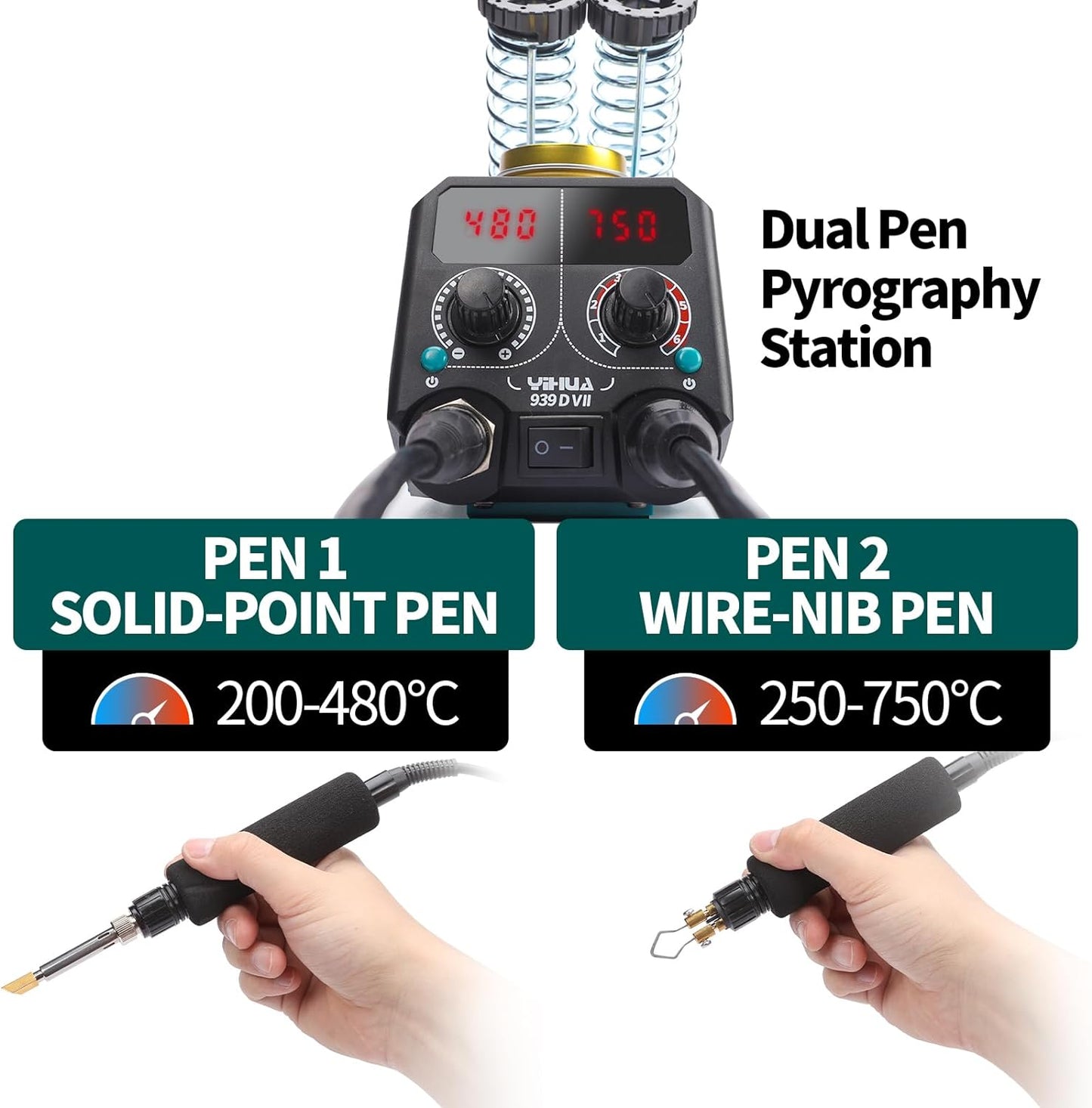 YIHUA 939D-VII Pyrography Tool Wood Burning Pen Kit Station 2-in-1 Solid-Point 200~480°C (with Temp Display)/Wire-Nib 250~750°C with 23 Nibs, 50 Solid Points, 6 Woodpieces - Crafty Corner