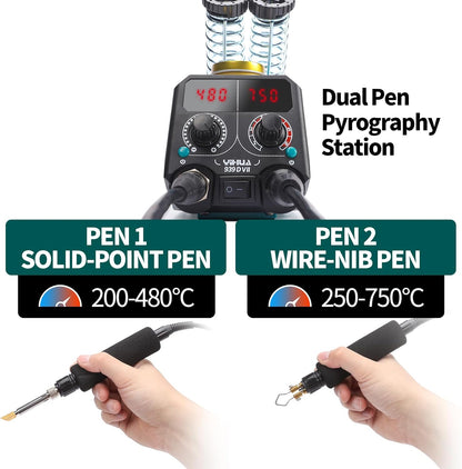 YIHUA 939D-VII Pyrography Tool Wood Burning Pen Kit Station 2-in-1 Solid-Point 200~480°C (with Temp Display)/Wire-Nib 250~750°C with 23 Nibs, 50 Solid Points, 6 Woodpieces - Crafty Corner