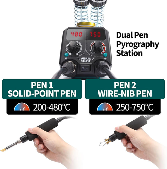 YIHUA 939D-VII Pyrography Tool Wood Burning Pen Kit Station 2-in-1 Solid-Point 200~480°C (with Temp Display)/Wire-Nib 250~750°C with 23 Nibs, 50 Solid Points, 6 Woodpieces - Crafty Corner