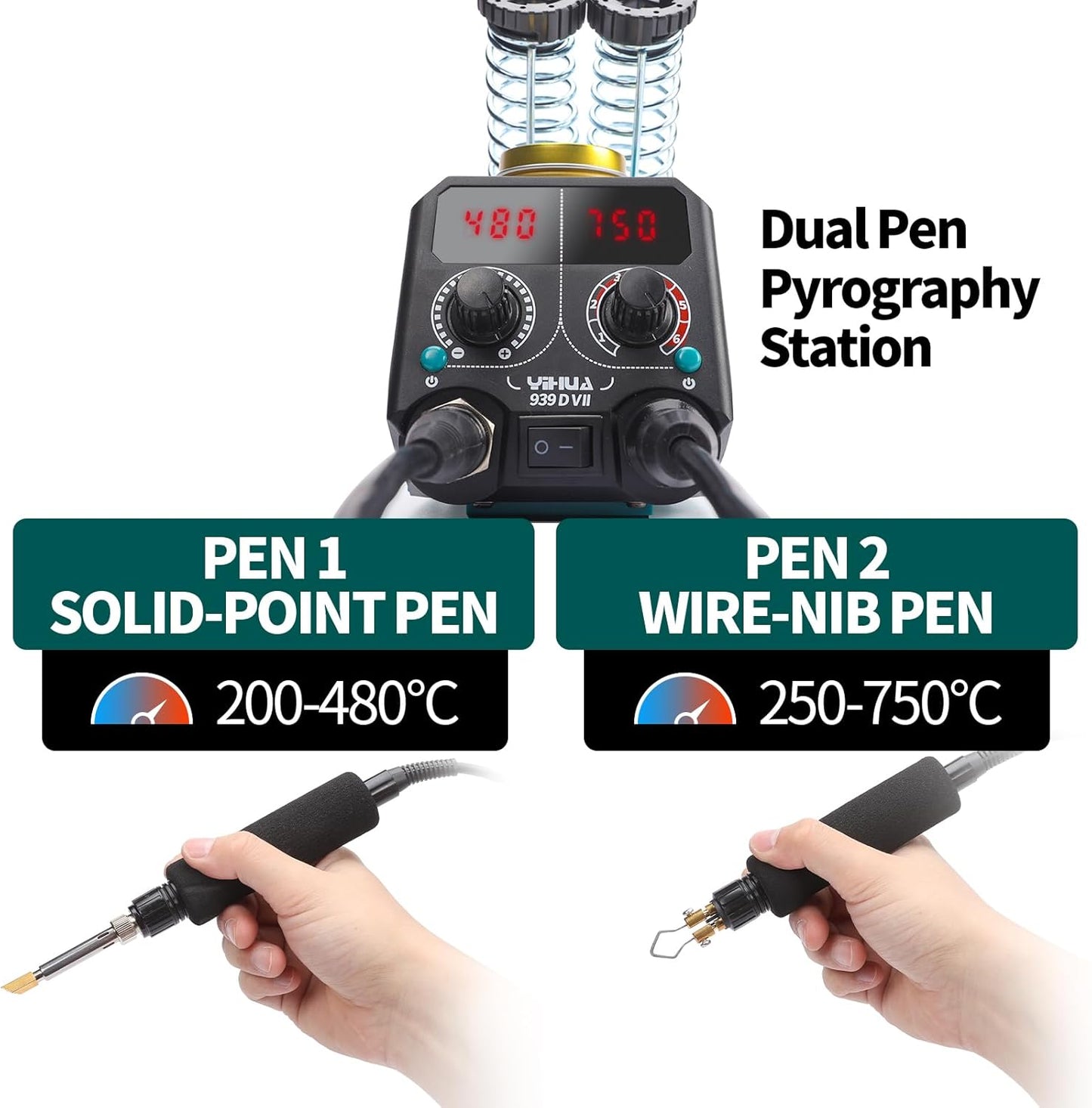 YIHUA 939D-VII Pyrography Tool Wood Burning Pen Kit Station 2-in-1 Solid-Point 200~480°C (with Temp Display)/Wire-Nib 250~750°C with 23 Nibs, 25 Solid Points, 4 Woodpieces - Crafty Corner