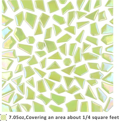 Youway Style Iridescent Green Glass Mosaic Tiles for Crafts Bulk,200g Broken Stained Glass Pieces for Crafts DIY Mosaic Art Decor
