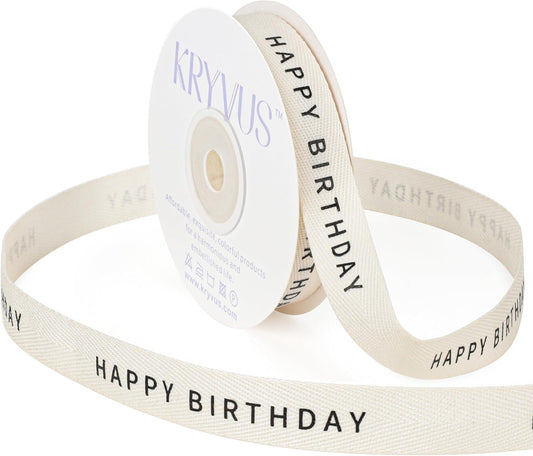 Happy Birthday Ribbon - 5/8 Inch x 12 Yards Natural Twill Tape Ribbon, Cotton Herringbone Ribbons for Gift Wrapping, Birthdays, Christmas, Anniversaries, Mother's Day - Crafty Corner