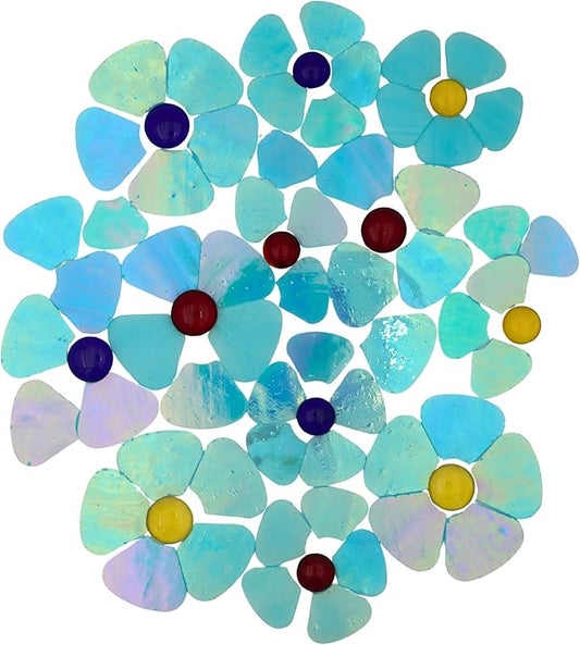 Yuvori Iridescent Flower Mosaic Tiles – 12pcs Mixed Sizes, 5-Petal Iridescent Mica Flowers with Center Beads for DIY Mosaic Art, Fairy Garden, Home Craft, Outdoor Decor (Iridescent Sky Blue)