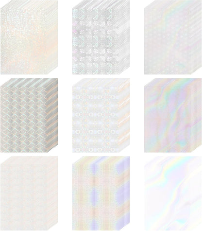 STARVAST 90 Sheets Holographic Sticker Paper, Transparent Holographic Vinyl Laminate Sheets, Self Adhesive A4 Size Printable Holographic Paper with Gem Rainbow Spot Star Patterns