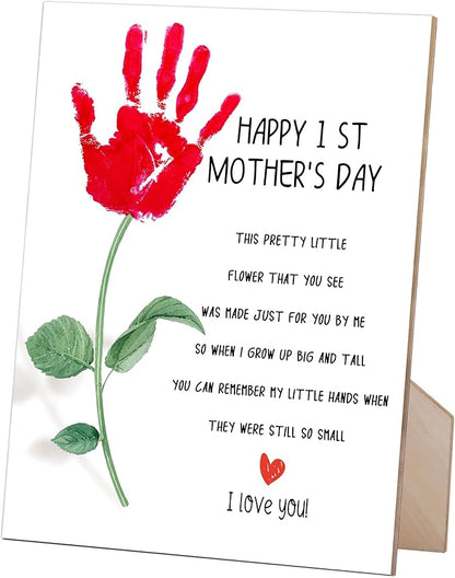rorusio Happy First Mothers Day DIY Handprint Art Wooden Sign with Stand and Hook, 9x12 Inch, Flower Poem Mother Day Crafts Keepsake, Personalized Gifts for Mom MaMa from Husband Daughter & Son