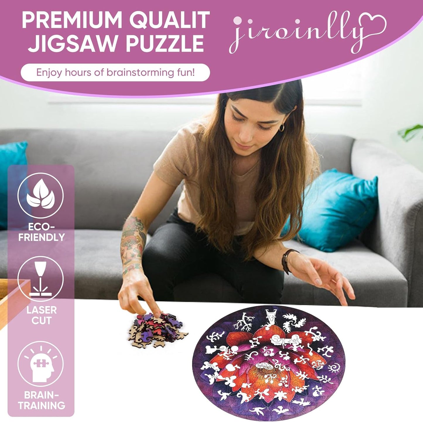 Flower Wooden Puzzle for Adults, Round Mandala Color Challenge Jigsaw Puzzles 500 Piece, Family Reunion Puzzle for Adults and Kids, Best Gift for Family Friends Royal 16.5x16.5in