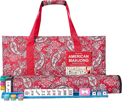 American Mahjong Game Set, 166 White Tiles, 4 All-in-One Color Rack/Pushers, Complete Mahjong Tile Set Red Printed Carrying Bag