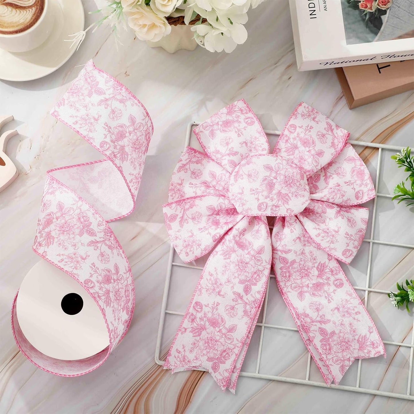 AnyDesign Floral Wired Edge Ribbon Roll Pink Flower Ribbon Chinoiserie Fabric Ribbon for Wreath Bow Making DIY Crafts Gift Wrapping, 12 Yard - Crafty Corner