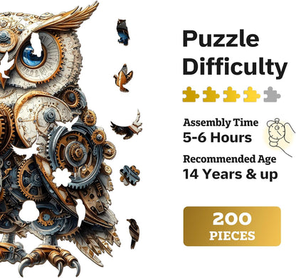 Jigfoxy Wooden Puzzles for Adults, Mechanical Owl Wood Puzzles Adult, Unique Animal Shape Wooden Jigsaw Puzzles for Adults, Birthday Gifts for Puzzle Lovers, Family(L-13.4 * 9.1in-200pcs)