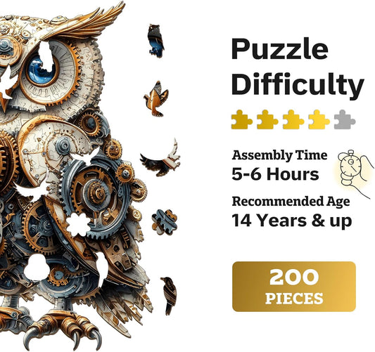 Jigfoxy Wooden Puzzles for Adults, Mechanical Owl Wood Puzzles Adult, Unique Animal Shape Wooden Jigsaw Puzzles for Adults, Birthday Gifts for Puzzle Lovers, Family(L-13.4 * 9.1in-200pcs)