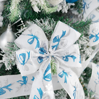 MEEDEE Blue & Silver Christmas Ribbon, 2.5 Inch Wired Satin Ribbon with Turquoise & Silver Glittery Bows, 10 Yards (30 Feet), Perfect for Tree, Garlands, Toppers & Bows - Crafty Corner