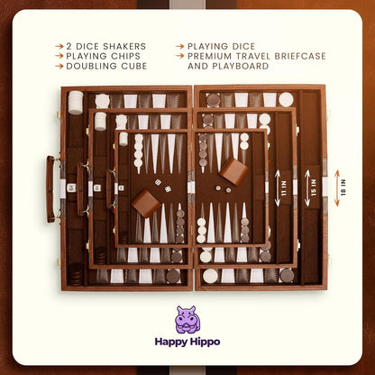 Backgammon Board Game, Deluxe Leather Like Case, Felt Interior, Brown, Classic Backgammon Game, Popular Board Game, Board Games (Medium (15"))