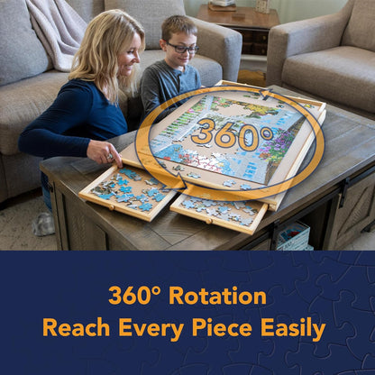 Bits and Pieces Rotating Puzzle Board with Drawers, Jigsaw Puzzle Board 1000 Pieces, 22 Inch x 30 Inch Spinning Wooden Tray Table with 4 Organizing Piece Sorting Trays, Portable, Easy Storage