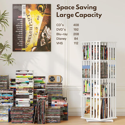 XIMN 360° Rotating Bamboo CD/DVD Shelf - 6-Tier Space-Saving Media Storage Cabinet for Movies, Organizer with Super Compact Design (White, 4 Tier)