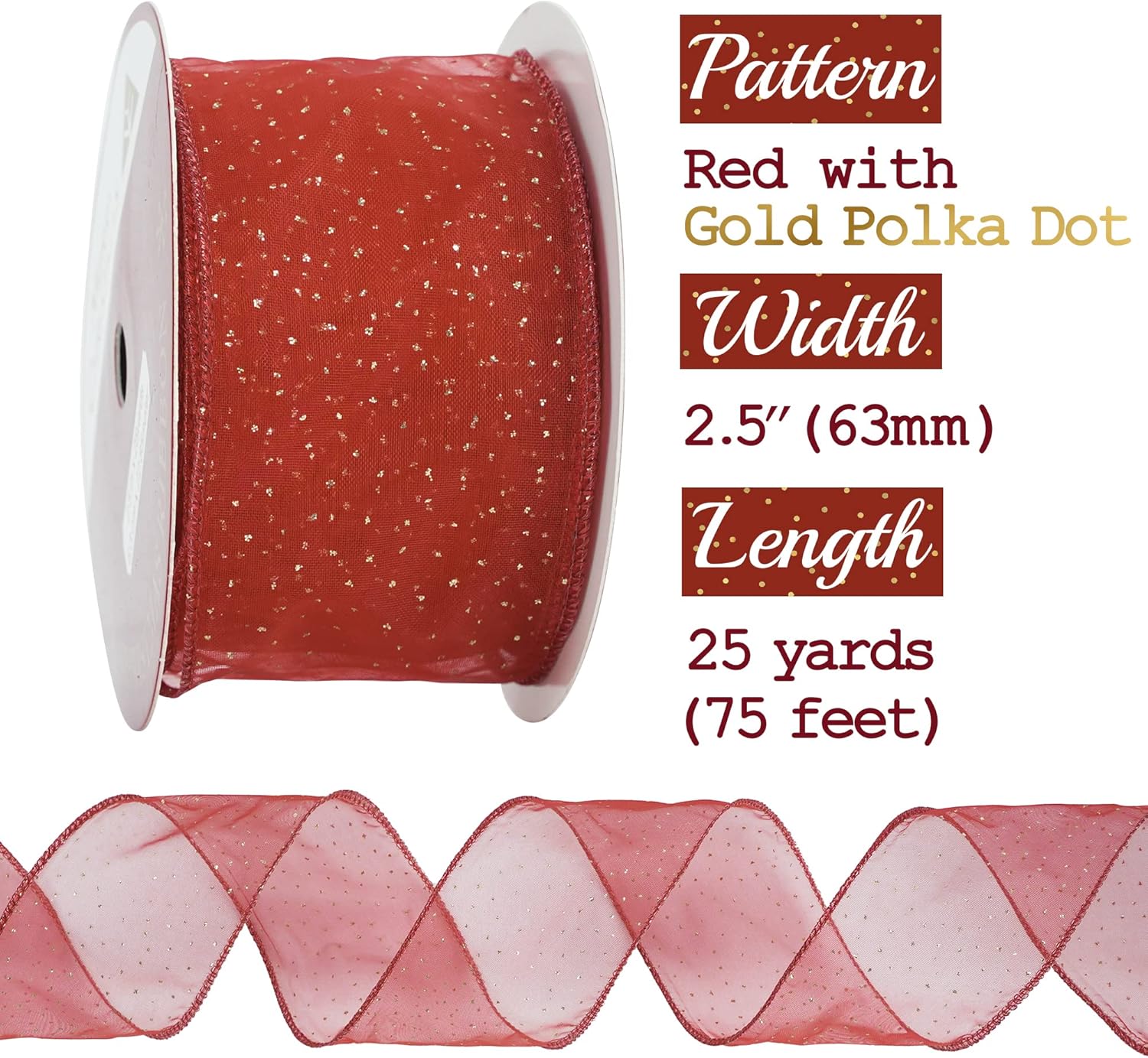 MEEDEE Red Gold Wired Ribbon - 2.5 Inch Sheer Ribbon with Gold Glitter Polka Dots for Christmas Tree, Wreath and Bow Making - Crafty Corner