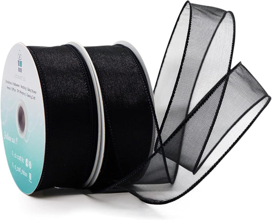 CT CRAFT LLC Sheer Organza Wired Ribbon 1.5" x 25 Yards x 2 Rolls Black for Wedding Chair Bow Flora Bouquet Gift Wrapping Christmas Tree Home Decor Wreath - Crafty Corner