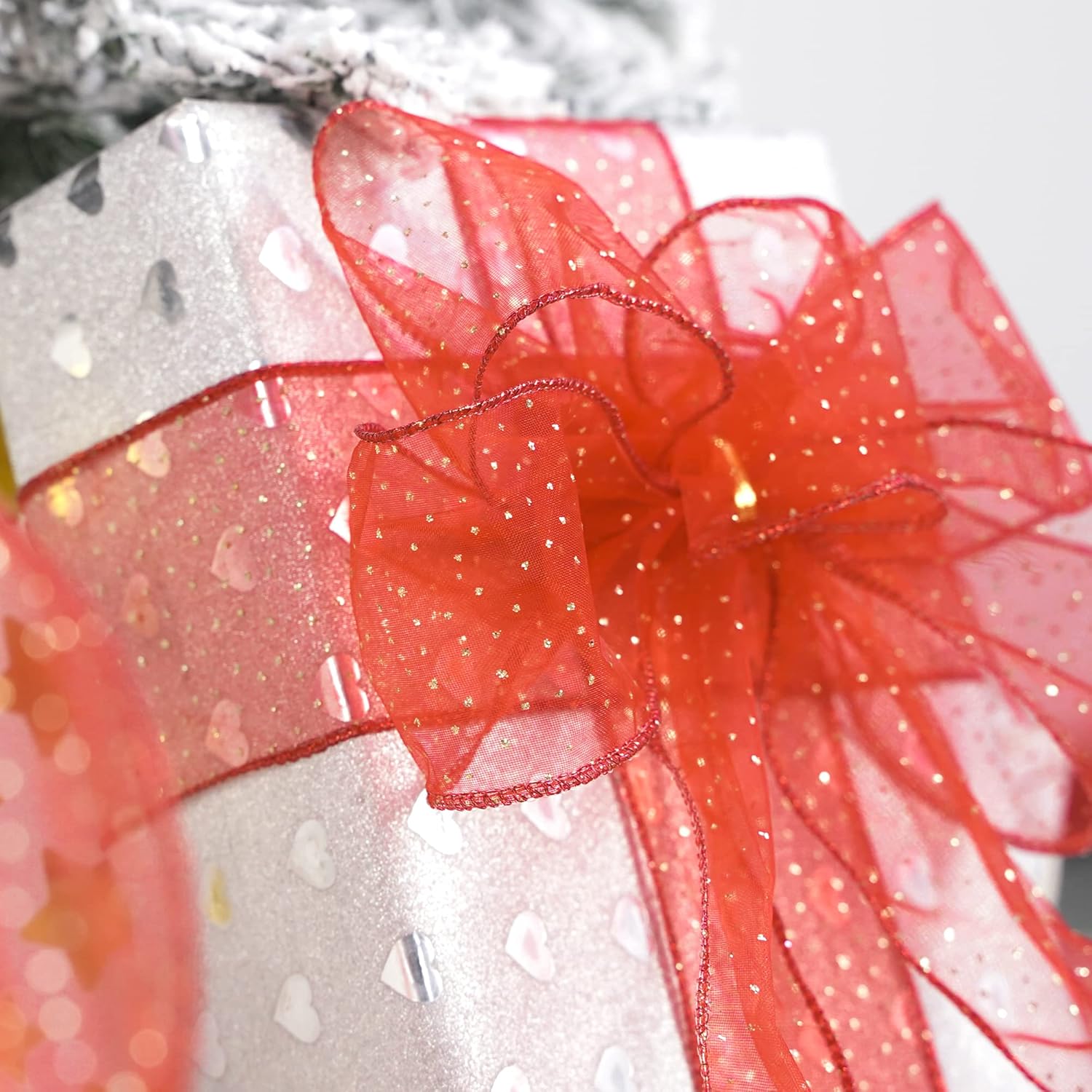 MEEDEE Red Gold Wired Ribbon - 2.5 Inch Sheer Ribbon with Gold Glitter Polka Dots for Christmas Tree, Wreath and Bow Making - Crafty Corner