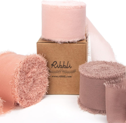 Ribbli Chiffon Silk Ribbon, 1.5 inch x 30 Yard, Blush Pink/Dusty Pink/Mauve Fringe, Wedding Invitations, Bridal Bouquets, Flower Arrangement - Crafty Corner