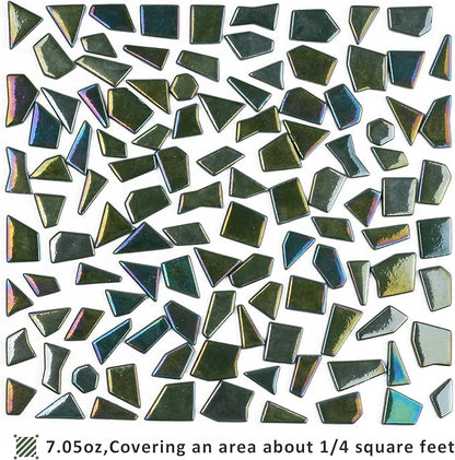 Youway Style Iridescent Glass Mosaic Tiles for Crafts Bulk,200g Green Broken Mosaic Glass Pieces for Garden Crafts Kits,DIY Mosaic Art Decor