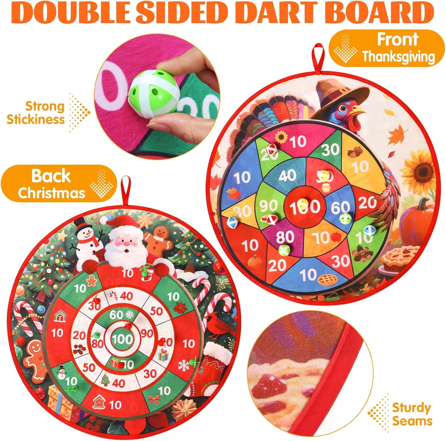 Thanksgiving Games: 29" Turkey Dart Board with PE Sticky Balls for Kids | Double-Sided Christmas Santa Toss Games for Family Party | Indoor & Outdoor Darts Set, 8 Polyethylene Balls & Darts