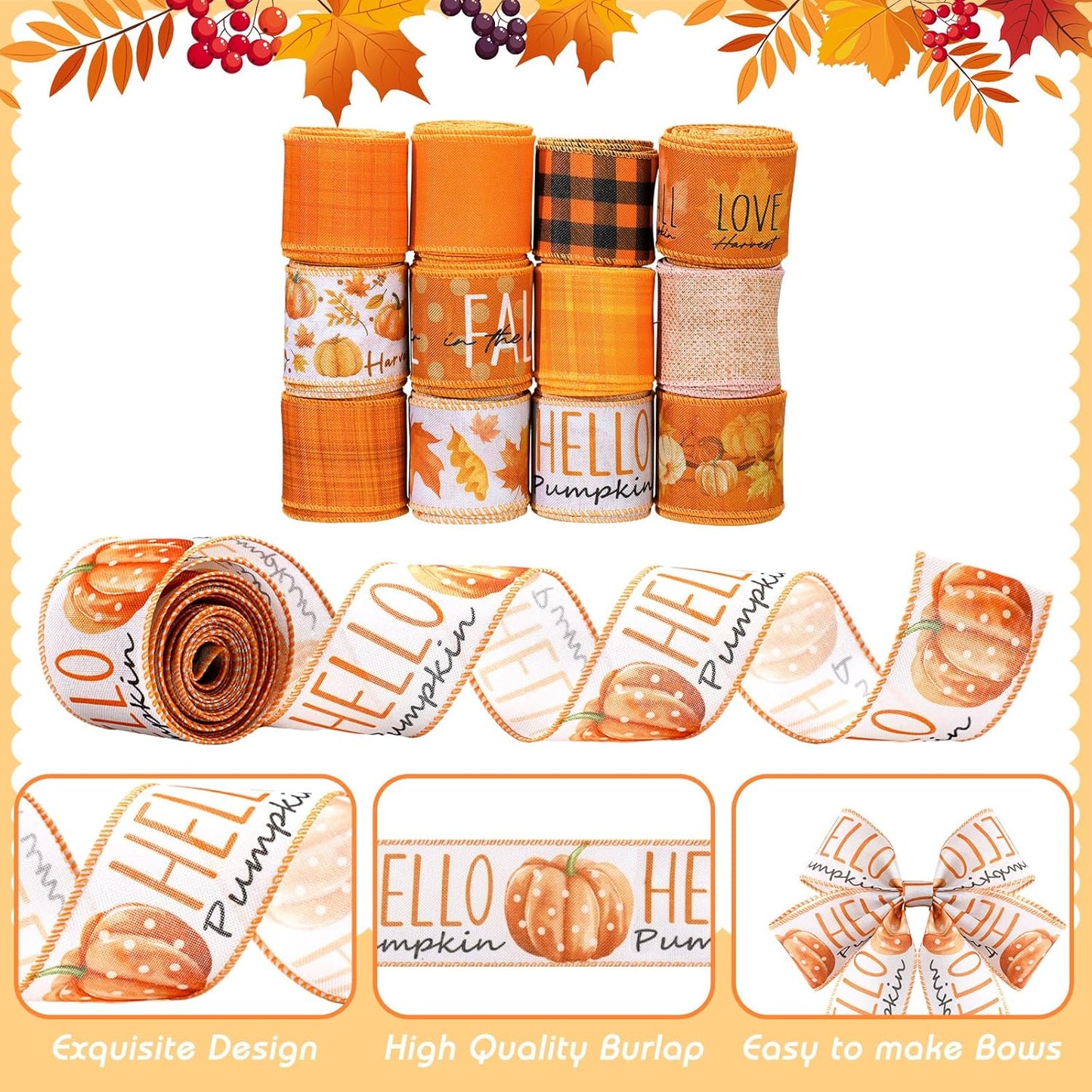 12 Rolls Fall Wired Edge Ribbon for Wreaths 2 Inch x 60 Yards Maple Leaves Pumpkin Burlap Ribbon Thanksgiving Plaid Crafts for Autumn Harvest Party Decoration Supplies, 12 Styles - Crafty Corner