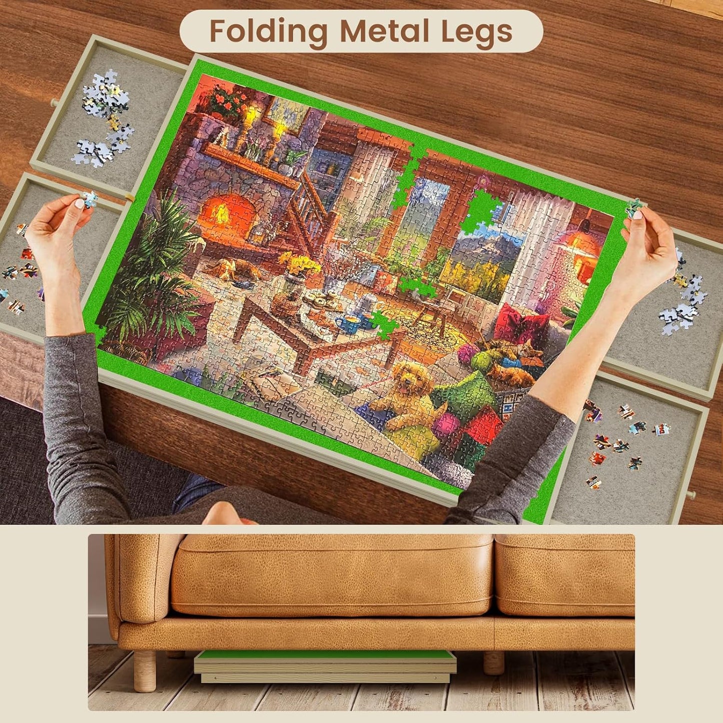 Large Puzzle Board & Puzzle Table with Folding Legs and Drawers 36″ × 26″ Tilt Tabletop for 1500 Piece Puzzle Board, Portable Ergonomic Puzzle Table for Family Bonding & Cognitive Therapy