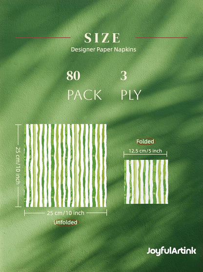 80 Pack Designer Cocktail Beverage Napkins, 3-Ply 5x5-inches Disposable Decorative Fall Winter Green and White Stripe Watercolor Napkin for Wedding Birthday Anniversary Party Baby Shower