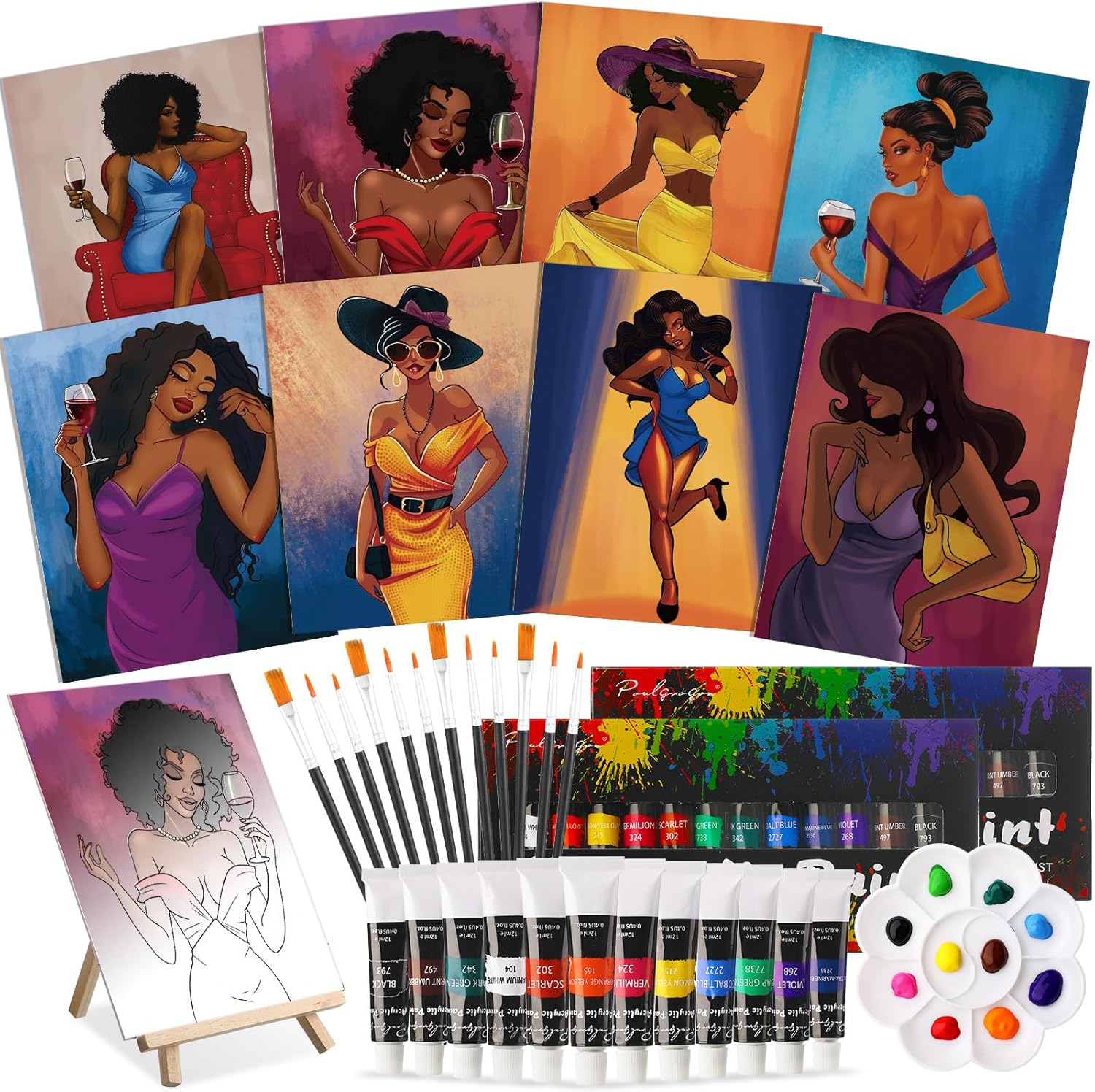 Cholemy 36 Pcs Paint and Sip Kit for Adults 8''x10'' Pre Drawn Canvas for Painting DIY Afro Acrylic Painting Kit Wood Easel Brushes Date Night Bulk for Christmas Party Gifts(Charming Lady) - Crafty Corner