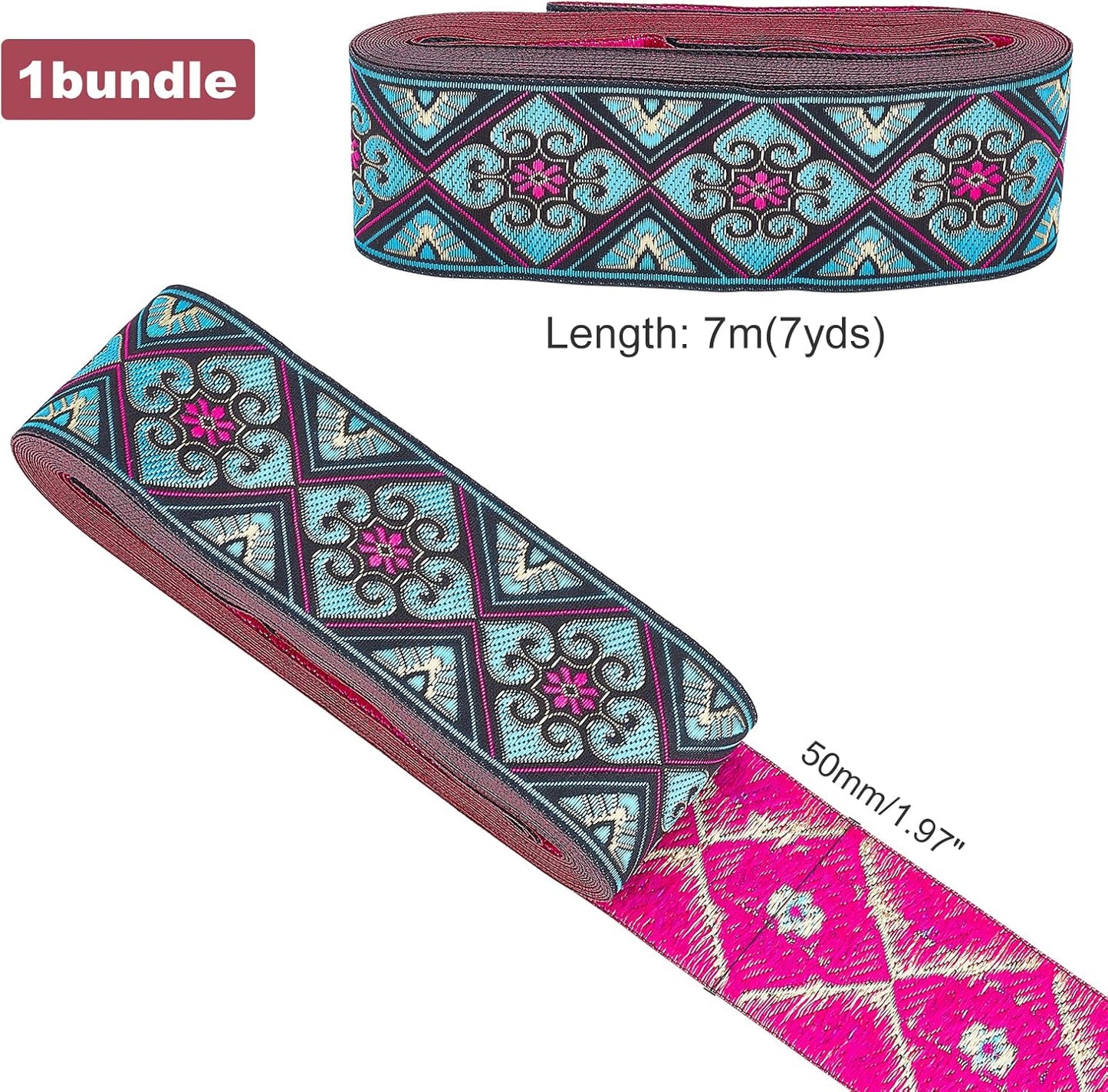 PH PandaHall 2 Inch Embroidered Woven Ribbon, 7 Yards Vintage Jacquard Ribbon Boho Flowers Straps Fabric Trim for Bohemian Persian Clothes Bag Holiday Christmas Decor Gift Wrap Decor - Crafty Corner