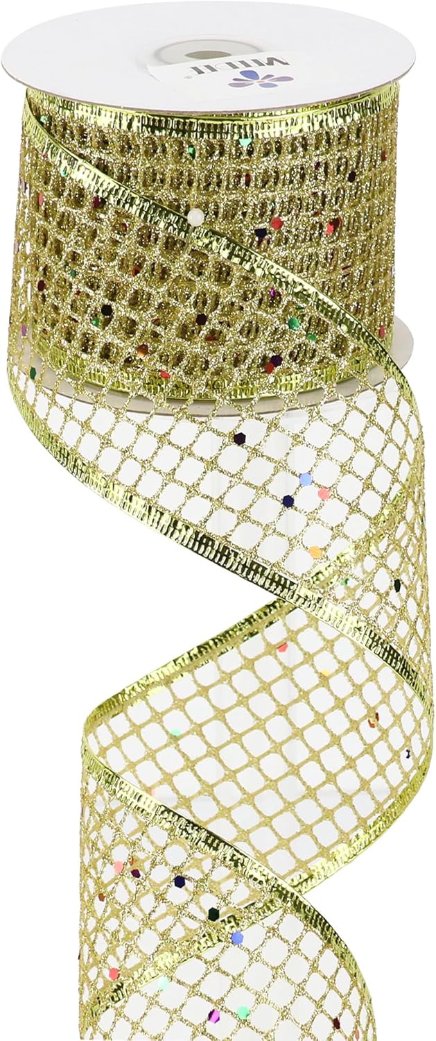 MEEDEE Gold Glitter Ribbon Gold Christmas Ribbon 2.5 Inch Square Mesh Net Wired Ribbon with Rainbow Sparkle Gold Wired Ribbon Gold Ribbon for Christmas Tree Decoration, Wreath Bow Making (10 Yards) - Crafty Corner