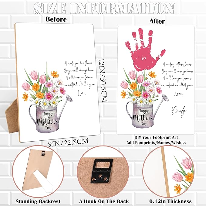 Mother's Day Flower Handprint Art Wooden Making Sign, Baby's First Mothers Day Handprint Keepsake for Family Activities, Gifts for Mom Grandma Grandmother First Time Mom, 9x12 Inch