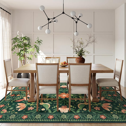 Morebes Green Boho 8x10 Area Rugs for Living Room, Washable Floral Rug for Bedroom Non Slip, Soft Ultra-Thin Distressed Flower Birds Indoor Carpet for Farmhouse Classroom Kids Nursery