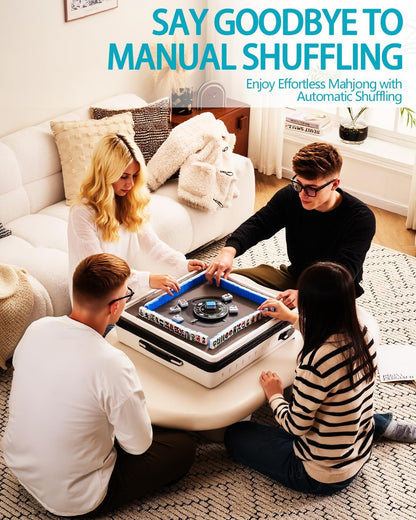 Portable Automatic Mahjong Table, Hand-held Mini-Mahjong, Automatic Mahjong, Foldable Mahjong Table w/American&Chinese -Style Magnetic Tiles, for Outdoor & Home Fun (White)