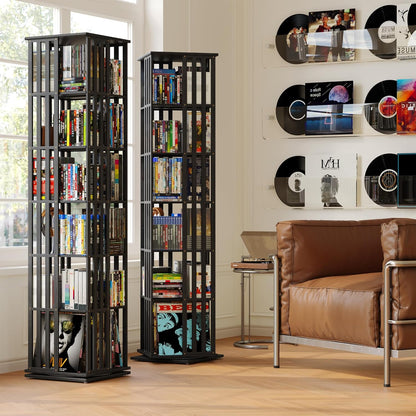 XIMN 360° Rotating Bamboo CD/DVD Shelf - 6-Tier Space-Saving Media Storage Cabinet for Movies, Organizer with Super Compact Design (Black, 6 Tier)