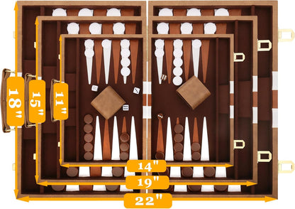 Backgammon Set - Classic Board Game with Premium Leather Case - Portable Travel Strategy Backgammon Game Set for Adults, Kids (11inch, Khaki)