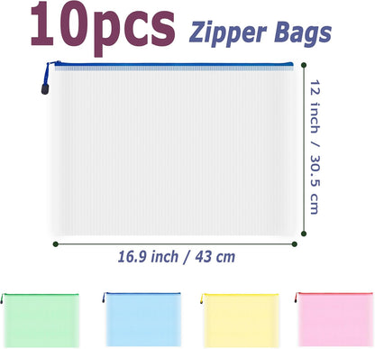 AUSTARK 10 Pcs Zipper File Bags, Waterproof Plastic Mesh Pouch for Office School, Board Game Storage Bags (A3 Size 16.9''x12'', Multicolored)