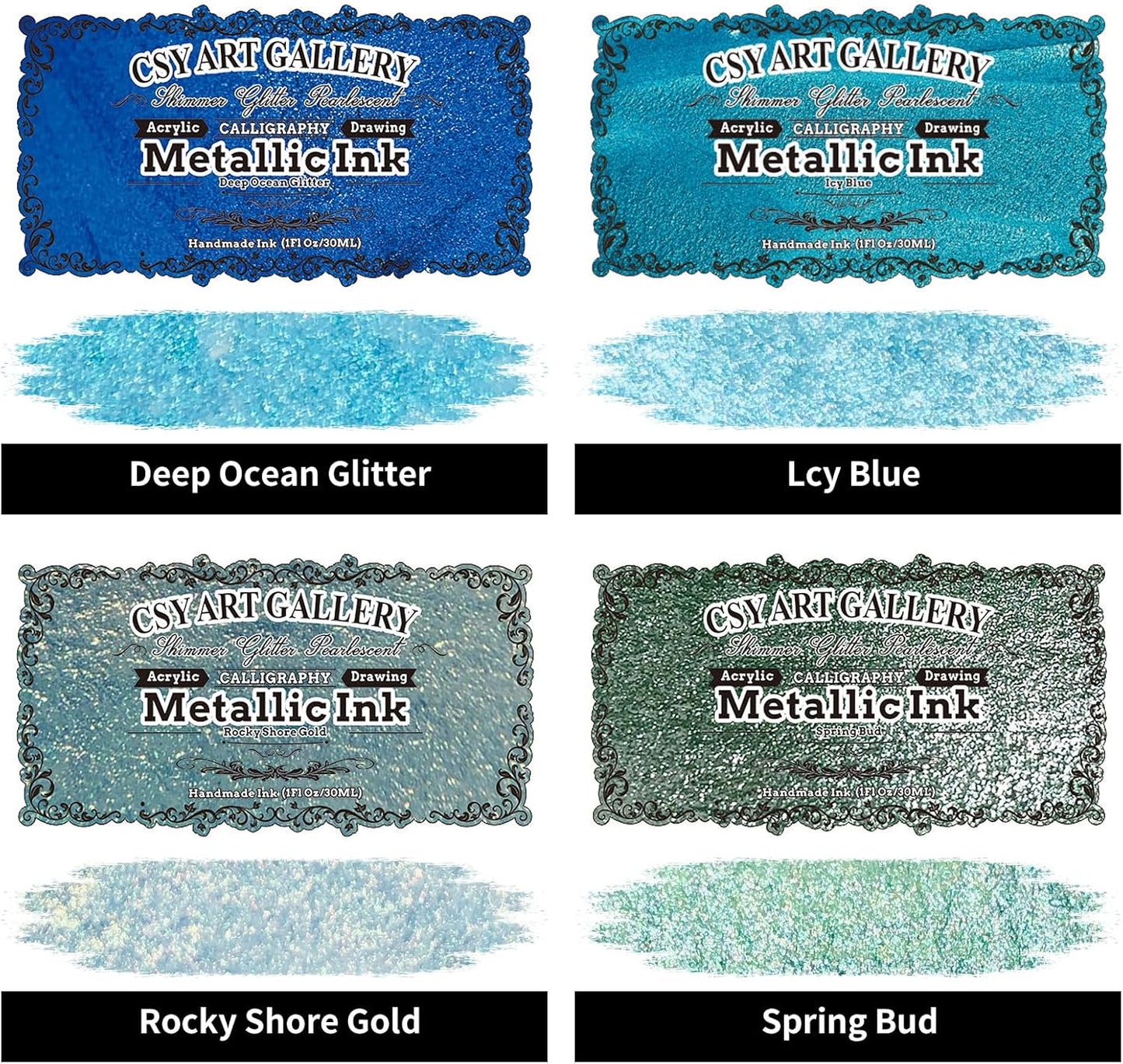 CSY art gallery Metallic Acrylic Ink-Craft Paint-Calligraphy Inks,Glitter-Pearlescent -ICY Blue Drawing Ink Liquid Gold Leaf Paints with Dropper, 1oz - 29.5 ml (Ice Lake Mountains Set) - Crafty Corner