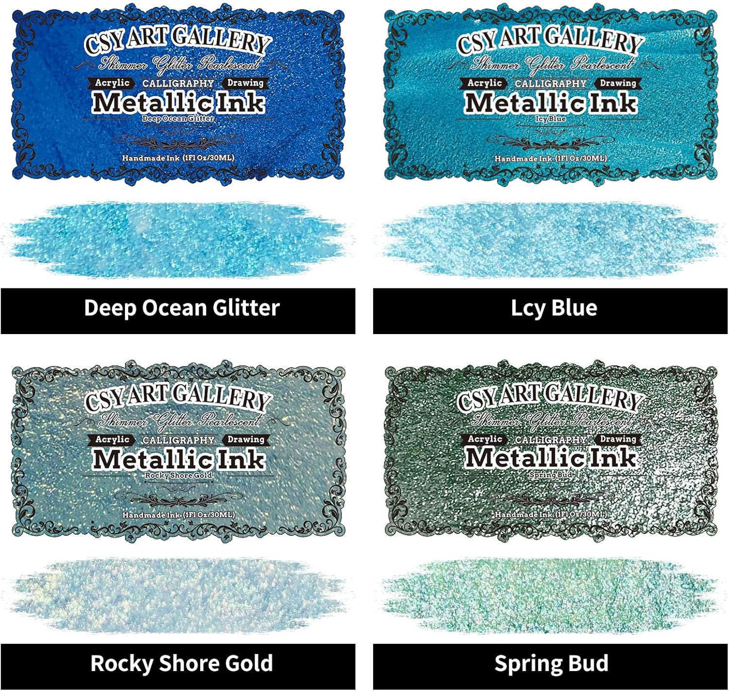 CSY art gallery Metallic Acrylic Ink-Craft Paint-Calligraphy Inks,Glitter-Pearlescent -ICY Blue Drawing Ink Liquid Gold Leaf Paints with Dropper, 1oz - 29.5 ml (Ice Lake Mountains Set) - Crafty Corner