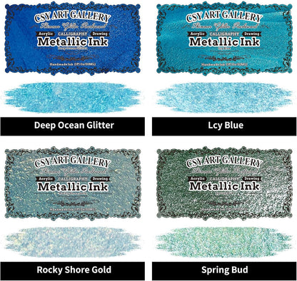 CSY art gallery Metallic Acrylic Ink-Craft Paint-Calligraphy Inks,Glitter-Pearlescent -ICY Blue Drawing Ink Liquid Gold Leaf Paints with Dropper, 1oz - 29.5 ml (Ice Lake Mountains Set) - Crafty Corner