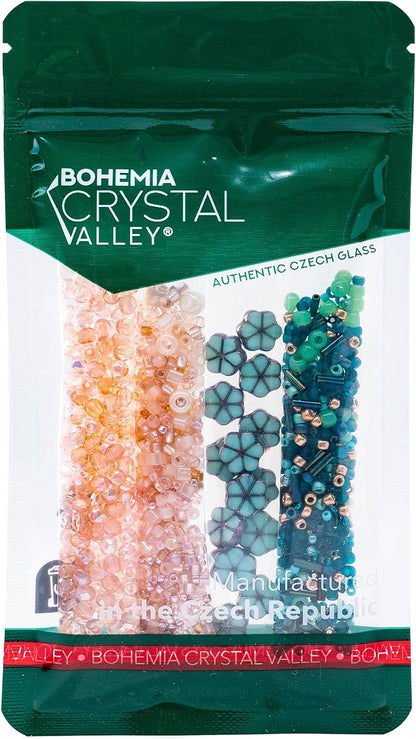 Bohemia Crystal Valley Czech Glass Beads & Japaneese TOHO Seed for Jewelry Making Set - 4 Gentle Distinct Colors Beads: Table Cut Flowers, Fire Polished Faceted 4mm, 2X Rocailles Mix Teal Pink Beige
