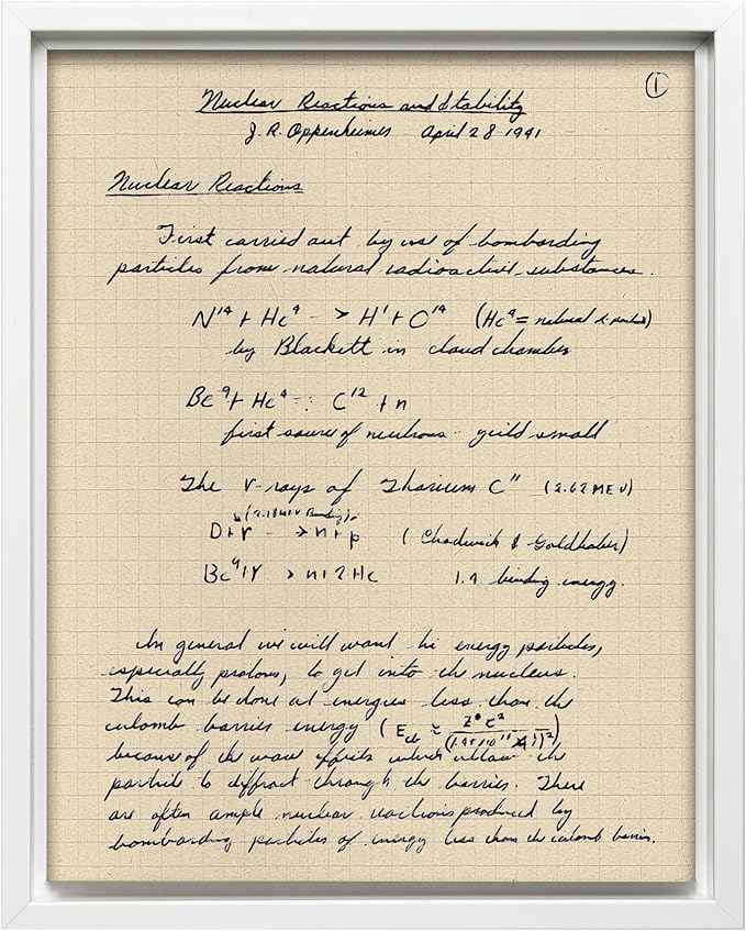 Poster Master Oppenheimer Canvas - Retro Atomic Bomb Manuscript Print - Manhattan Project Art - Gift for Him, Her, Scientist - Physics Decor for Office, Library - 8x10 White Framed Canvas