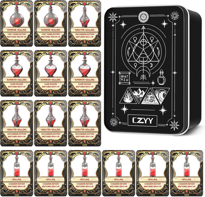 DND Healing Potion Cards Set - 15 Acrylic Fantasy Potion Tokens with Real Red Liquid | Ideal for Dungeon Masters, Tabletop RPG Players, Collectors & Immersive Game Nights (Style A)