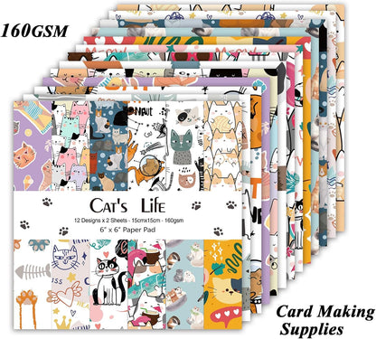24 Sheets 12 Designs Scrapbook Paper Pad,6"×6” Single-Sided Decopodge Craft Cardstock Paper,Christmas Scrapbooking DIY Decorative Background Cardmaking Supplies.Cat's Life - Crafty Corner